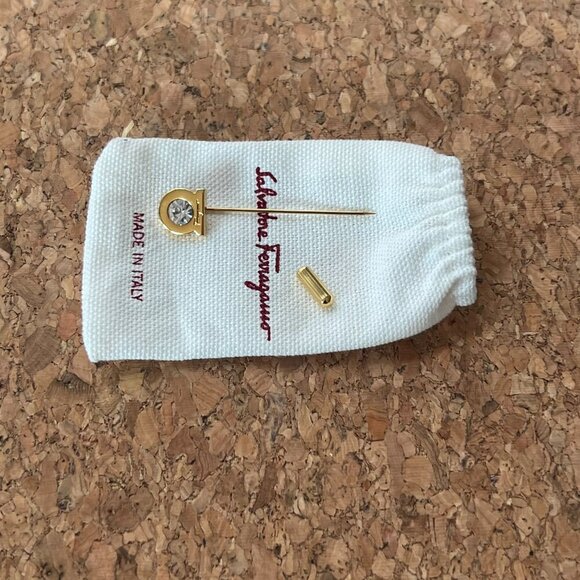 Ferragamo Men 2 Gancini Gold Tone Crystal Lapel Scarf Tie Stick Pin NWOT - Picture 4 of 9